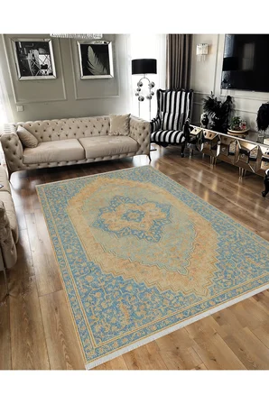 Mavi Bej Klasik Halı – Soft Renkli Vintage Tasarım | Kaymaz, Yıkanabilir, Evcil ve Bebek Dostu