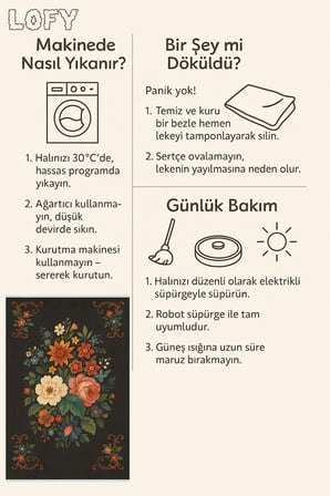 Siyah Zeminli Çiçek Desenli Halı – Kaymaz, Yıkanabilir, Bebek ve Evcil Dostu Dekoratif Halı