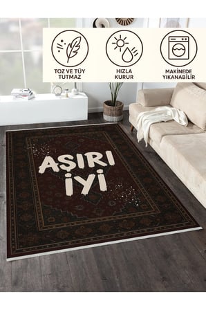 Klasik Motifli "Aşırı İyi" Halı – Retro Yazılı Tasarım | Kaymaz, Yıkanabilir, Robot Süpürge Uyumlu