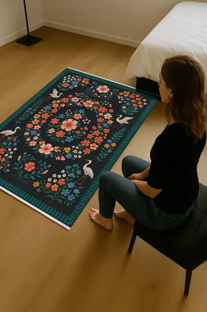 Çiçek ve Kuş Desenli Siyah Halı – Kaymaz & Makinede Yıkanabilir | Bebek ve Evcil Dostu Tasarım