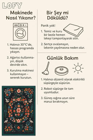 Çiçek ve Kuş Desenli Siyah Halı – Kaymaz & Makinede Yıkanabilir | Bebek ve Evcil Dostu Tasarım