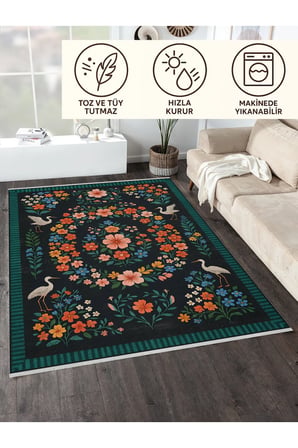 Çiçek ve Kuş Desenli Siyah Halı – Kaymaz & Makinede Yıkanabilir | Bebek ve Evcil Dostu Tasarım
