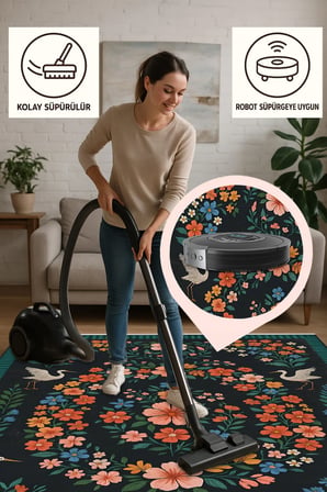 Çiçek ve Kuş Desenli Siyah Halı – Kaymaz & Makinede Yıkanabilir | Bebek ve Evcil Dostu Tasarım