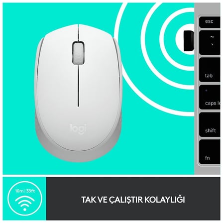 LOGITECH 910-006867, M171 White, USB Nano 2,4G Kablosuz, 1000dpi, Optik, 3 Tuşlu, 12ay Pil Ömrü, Mouse
