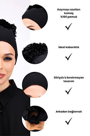 Fırfırlı Dikişsiz Penye Bone Siyah - Kadın Tesettür Bağlamalı Topuz İç Bone