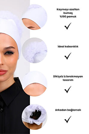 Fırfırlı Dikişsiz Penye Bone Beyaz- Kadın Tesettür Bağlamalı Topuz İç Bone