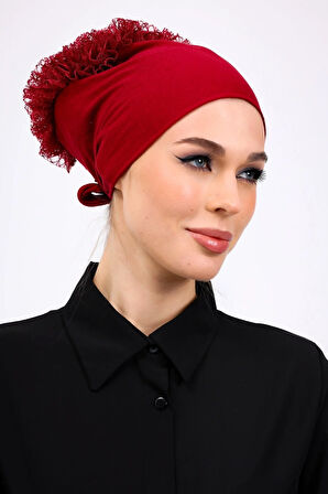 Fırfırlı Dikişsiz Penye Bone Bordo - Kadın Tesettür Bağlamalı Topuz İç Bone