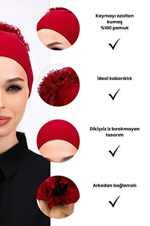Fırfırlı Dikişsiz Penye Bone Bordo - Kadın Tesettür Bağlamalı Topuz İç Bone