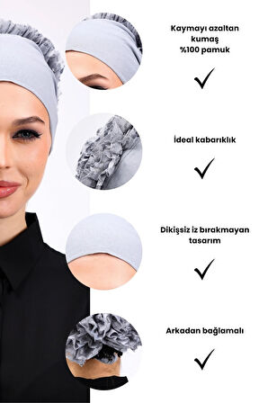 Fırfırlı Dikişsiz Penye Bone Açık Gri - Kadın Tesettür Bağlamalı Topuz İç Bone