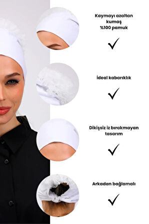Fırfırlı Dikişsiz Penye Bone Ekru - Kadın Tesettür Bağlamalı Topuz İç Bone Kırık Beyaz