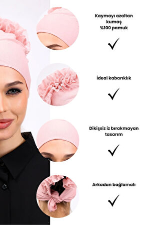 Fırfırlı Dikişsiz Penye Bone Pembe - Kadın Tesettür Bağlamalı Topuz İç Bone Pudra