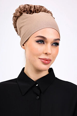 Fırfırlı Dikişsiz Penye Bone Vizon - Kadın Tesettür Bağlamalı Topuz İç Bone Kahve