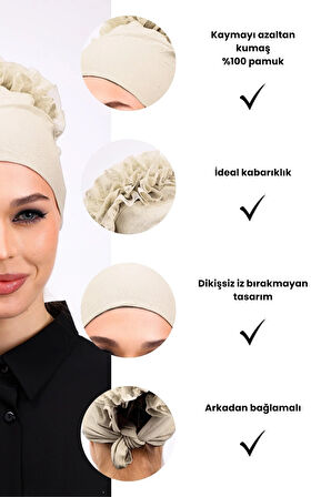 Fırfırlı Krem Dikişsiz Penye Bone Kadın Tesettür Bağlamalı Iç Bone (TAŞ RENGİ - BEJ)