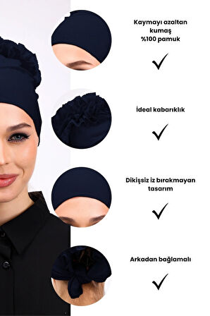 Fırfırlı Dikişsiz Penye Bone Lacivert - Kadın Tesettür Bağlamalı Topuz İç Bone