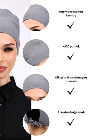 Düz Dikişsiz Penye Bone Gri - Kadın Tesettür Bağlamalı İç Bone