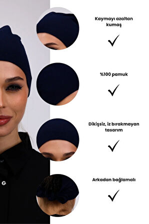 Düz Dikişsiz Penye Bone Lacivert - Kadın Tesettür Bağlamalı İç Bone