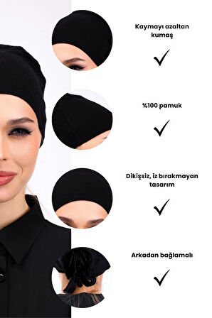 Düz Dikişsiz Penye Bone Siyah - Kadın Tesettür Bağlamalı İç Bone