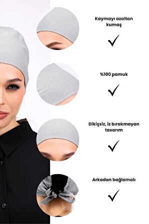 Düz Dikişsiz Penye Bone Açık Gri - Kadın Tesettür Bağlamalı İç Bone