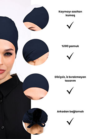 Düz Dikişsiz Penye Bone Petrol Mavisi - Kadın Tesettür Bağlamalı İç Bone
