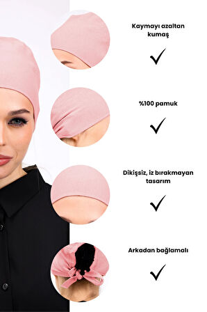 Düz Dikişsiz Penye Bone Pudra - Kadın Tesettür Bağlamalı İç Bone Pembe