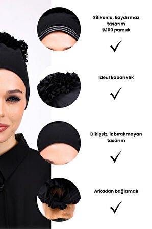 Kaymayan Fırfırlı Siyah Silikonlu Dikişsiz Kaymaz Bone Kadın Tesettür Bağlamalı Iç Bone