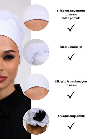 Kaymayan Fırfırlı Silikonlu Dikişsiz Bone Beyaz - Kaymaz Kadın Tesettür Bağlamalı İç Bone