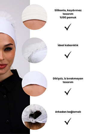 Kaymayan Fırfırlı Silikonlu Dikişsiz Bone Ekru - Kaymaz Kadın Tesettür Bağlamalı İç Bone