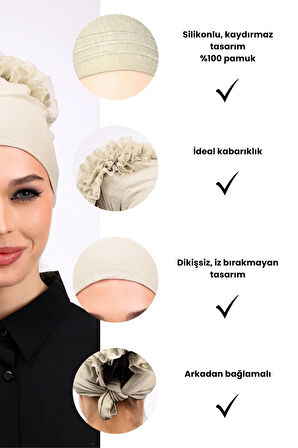 Kaymayan Fırfırlı Silikonlu Dikişsiz Bone Krem - Kaymaz Kadın Tesettür Bağlamalı İç Bone