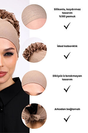 Kaymayan Fırfırlı Silikonlu Dikişsiz Bone - Kaymaz Kadın Tesettür Bağlamalı İç Bone-Vizon