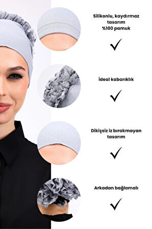 Kaymayan Fırfırlı Silikonlu Dikişsiz Bone - Kaymaz Kadın Tesettür Bağlamalı İç Bone-Açık Gri