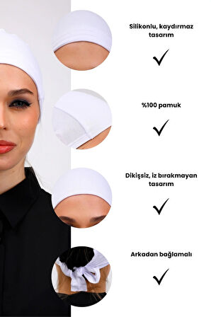 Kaymayan Silikonlu Dikişsiz Bone Beyaz - Kaymaz Kadın Tesettür Bağlamalı İç Bone
