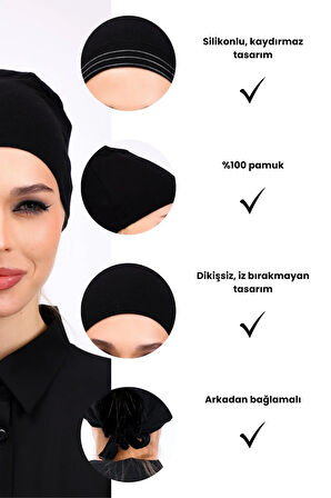 Kaymayan Silikonlu Dikişsiz Bone Siyah - Kaymaz Kadın Tesettür Bağlamalı İç Bone