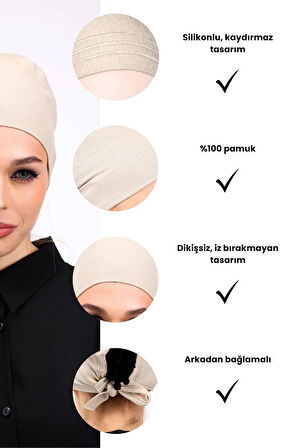 Kaymayan Krem Bone Silikonlu Kaymaz Dikişsiz Kadın Tesettür Bağlamalı (Açık Vizon - Bej)