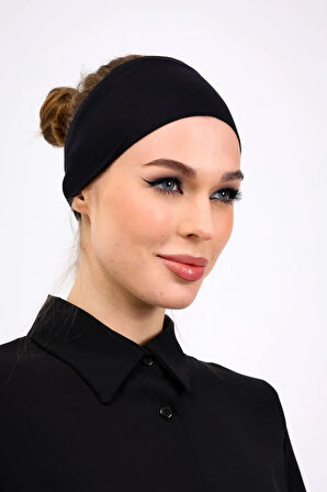 Bandana Şeklinde Bone Siyah - Kadın Tesettür Dikişsiz Geçme İç Bone - Sportif Spor Saç Bandı