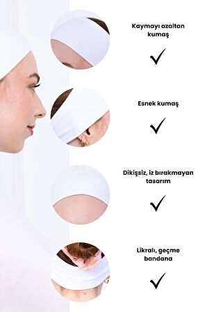 Bandana Şeklinde Bone Beyaz - Kadın Tesettür Dikişsiz Geçme İç Bone - Sportif Spor Saç Bandı