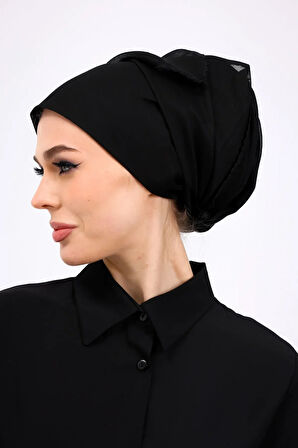 İç Başörtüsü %100 Pamuklu Siyah Tülbent - Kenarları Oyalı 90x90 Cm Kadın Tesettür Yazma Başörtü