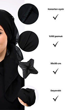 İç Başörtüsü %100 Pamuklu Siyah Tülbent - Kenarları Oyalı 90x90 Cm Kadın Tesettür Yazma Başörtü