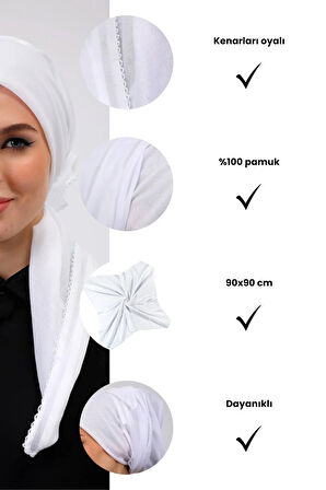 İç Başörtüsü %100 Pamuklu Beyaz Tülbent - Kenarları Oyalı 90x90 Cm Kadın Tesettür Yazma Başörtü