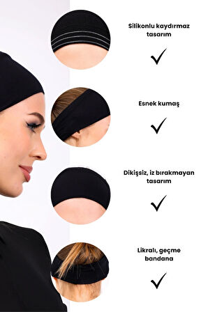 Kaymayan Silikonlu Bandana Bone Siyah - Kadın Tesettür Dikişsiz Kaymaz Geçme - Sportif Saç Bandı