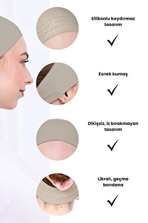 Kaymayan Silikonlu Bandana Bone Krem - Kadın Tesettür Dikişsiz Kaymaz Geçme - Sportif Saç Bandı