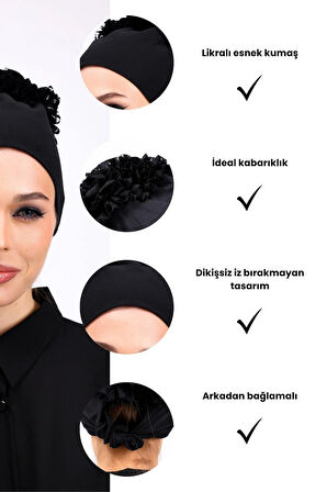 Likralı Fırfırlı Dikişsiz Siyah Bone - Kadın Tesettür Bağlamalı Topuz İç Bone Viskon