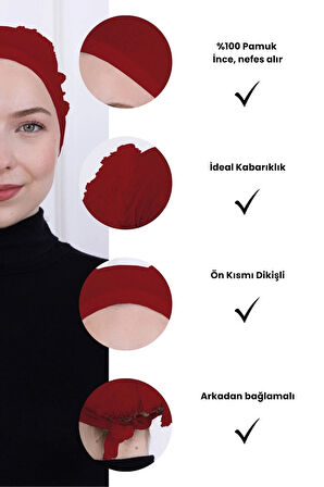 Fırfırlı Önden Dikişli Penye Bone - Kadın Tesettür Bağlamalı Topuz İç Bone-Bordo