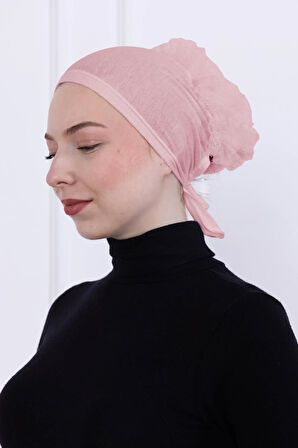 Fırfırlı Önden Dikişli Penye Bone - Kadın Tesettür Bağlamalı Topuz İç Bone-Pembe