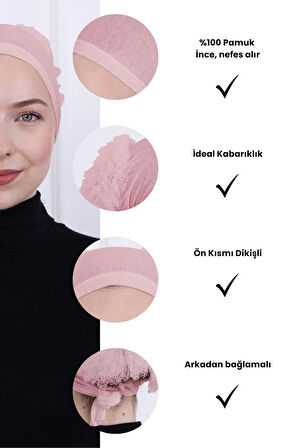 Fırfırlı Önden Dikişli Penye Bone - Kadın Tesettür Bağlamalı Topuz İç Bone-Pembe