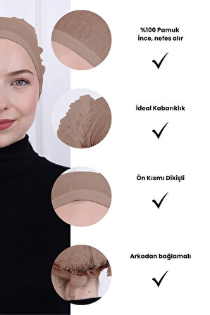 Fırfırlı Önden Dikişli Penye Bone - Kadın Tesettür Bağlamalı Topuz İç Bone-Vizon