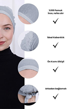 Fırfırlı Önden Dikişli Penye Bone - Kadın Tesettür Bağlamalı Topuz İç Bone-Açık Gri