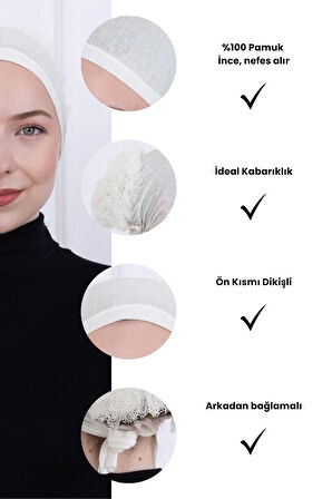 Fırfırlı Önden Dikişli Penye Bone - Kadın Tesettür Bağlamalı Topuz İç Bone-Ekru - Kırık Beyaz
