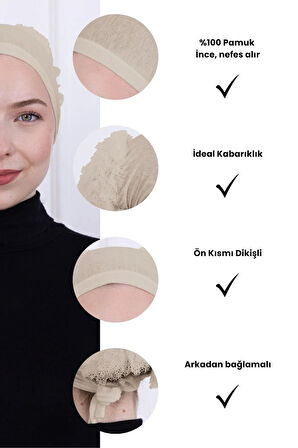 Fırfırlı Önden Dikişli Penye Bone - Kadın Tesettür Bağlamalı Topuz İç Bone-Krem