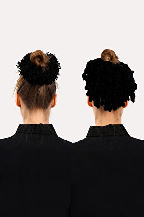 Kadife Ve Arap Saçı Topuz Tokası 2li Siyah Set Dolgun Lastikli Tesettür Kadın Toka 2 Adet