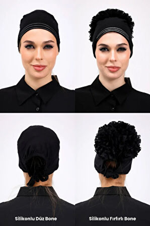 2li Siyah Kaymaz Fırfırlı ve Düz Silikonlu Bone Seti - Kadın Tesettür İç Bone